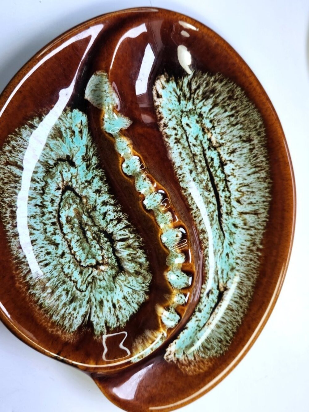 Vintage Mid Century Ceramic Ashtray Brown Turquoise Drip Glaze Pottery and Stand - Picture 6 of 9